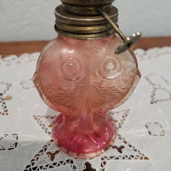 Vtg Mini Oil Lamp Cranberry glass globe with fish bottom RARE Flaw Old World - Picture 2 of 12